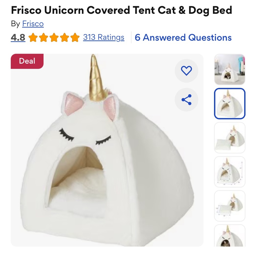 New Frisco Unicorn Covered Tent Cat & Dog Bed - White with Gold Horn.